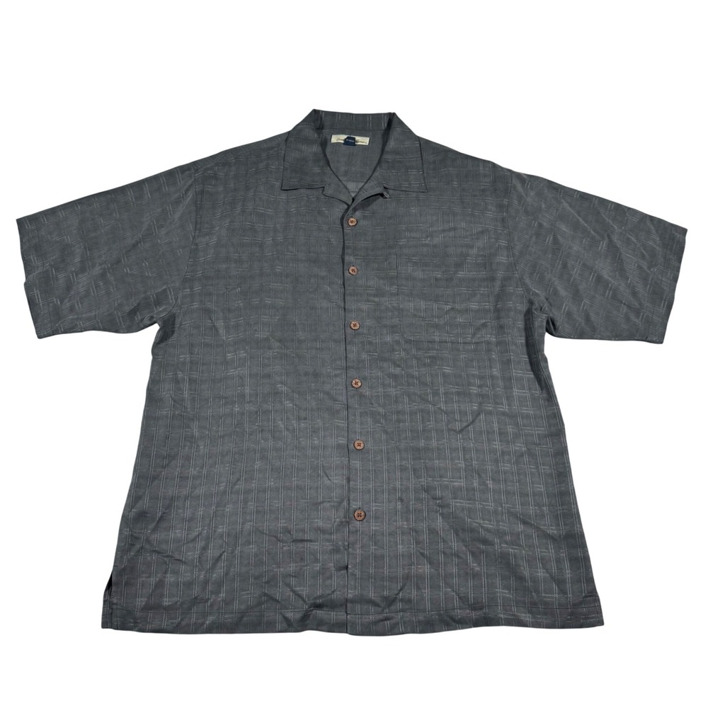 Tommy Bahama Shirt Mens Large Gray 100% Silk Textured Grid Relax Camp Button Up